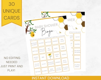 Bee Baby Shower Bingo Game: 30 Unique Cards (PDF Download)