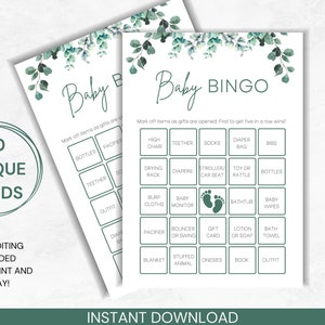 Baby Bingo, Eucalyptus Baby Shower Game, Printable Baby Shower Bingo, 30 Unique Baby Shower Bingo Cards, Baby Sprinkle Bingo, Gender Reveal