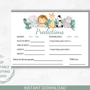 Cartes de prédictions de douche de bébé Safari, prédictions de douche de bébé, douche de bébé animal safari, prédictions de bébé imprimables, conseils de bébé