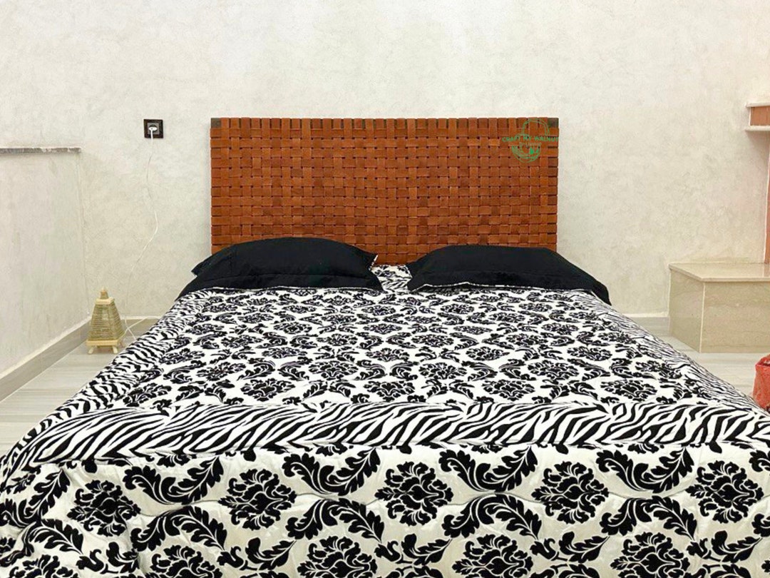 Custom Woven Leather Strap Headboard, Bohemian Chic Leather Leaderboard