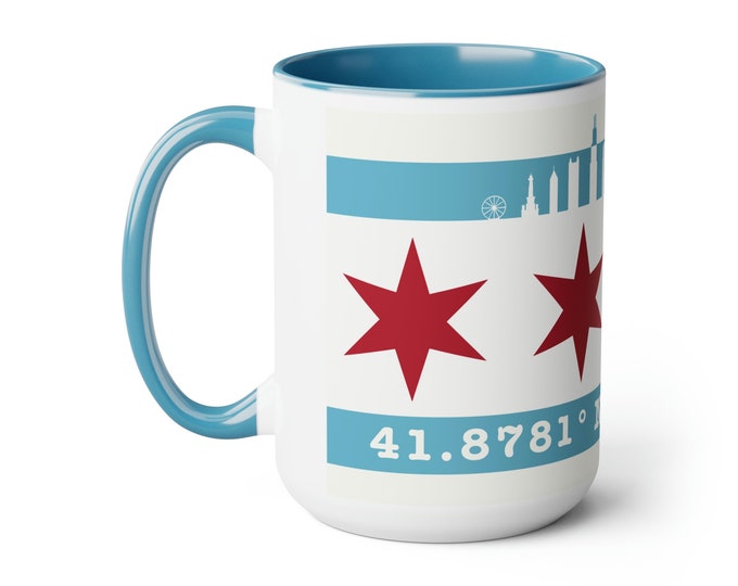 Ultimate Chicago mug featuring elements of the Chicago flag and the Chicago skyline