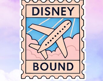 May include: A rectangular sticker designed like a postage stamp with a peach-colored border. The center features a light peach airplane flying through a blue sky with pink clouds. The text DISNEY is printed at the top and BOUND at the bottom.