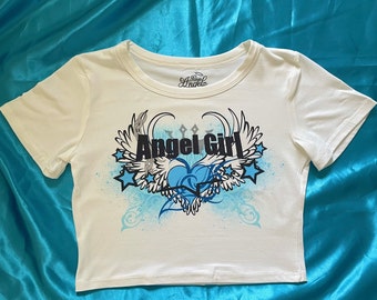 Haut court fille ange | Haut court de l'an 2000 | T-shirt bébé | Déchets de l'an 2000 | Mcbling | haut court | Sublimation | Bleu | Noir | Streetwear | Ange