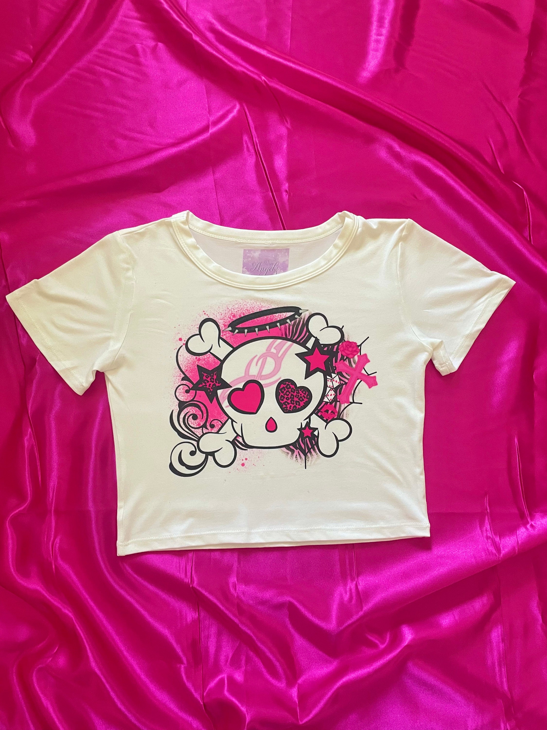 Haut court rose tête de mort| Haut court de l'an 2000 | T-shirt bébé | Déchets de l'an 2000 | Mcbling | haut court | Sublimation| Rose | Noir | Streetwear | Crâne
