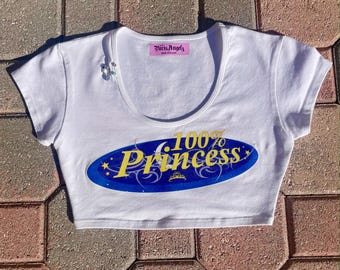 Micro haut court 100 % princesse | T-shirt bébé | Déchets de l'an 2000 | Mcbling | haut court | Sublimation| Blanc| Bleu| Streetwear