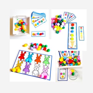 4 Color Activities with Pompoms and Fine Motor Skills Worksheet for Toddlers and Perschoolers