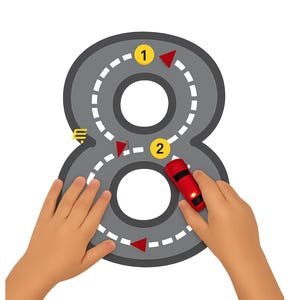 May include: A gray number eight-shaped road with a dotted white line, yellow markers, and red arrows. A small red toy car is placed on the road. The image shows a child's hands interacting with the toy.