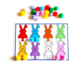 Actividad de colores con pompones, habilidades motoras finas, hoja de trabajo para la educación en el hogar, hoja de trabajo de combinación de colores para niños pequeños, descarga instantánea en formato PDF