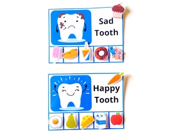 Dente triste e felice, foglio di lavoro stampabile sulla salute dentale per i più piccoli, attività di ordinamento