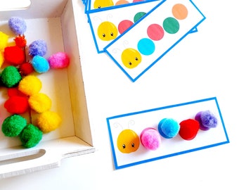 Color Activity with Pompoms and Fine Motor Skills Worksheet for Toddlers and Perschoolers