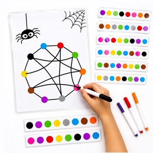 May include: A white activity sheet featuring a black spider and web illustration with a circular pattern of coloured dots connected by black lines. Includes several rectangular strips with rows of coloured dots and three markers in purple, red, and orange.