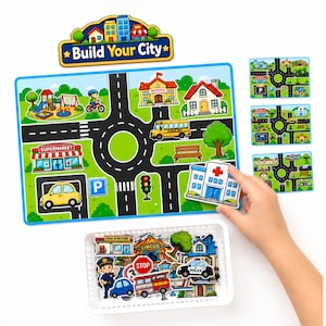 Bygg en stad-lek för barn, karta med väg, pedagogiskt spel, utskrivbar aktivitet för barn
