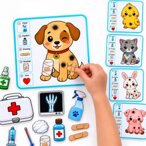 Puede incluir: Un juego educativo de temática veterinaria que incluye una tarjeta grande con un perro de dibujos animados, tarjetas más pequeñas con un pollito, un gato, un conejo y un cerdo, y varios accesorios médicos como un botiquín y pulverizadores.