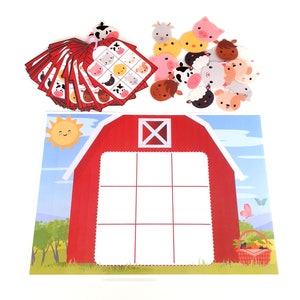 May include: A red barn with a white grid on the front, a yellow sun with a smiling face, and a basket of fruit. There are 16 colorful animal stickers, including cows, pigs, chickens, and sheep. The stickers are used to play a matching game.