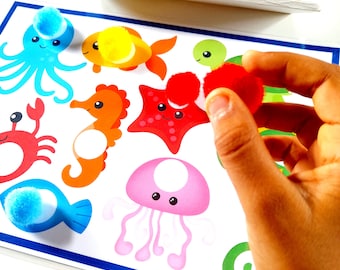 Actividad de color con pompones, habilidades motoras finas, hoja de trabajo de educación en el hogar, hoja de trabajo de combinación de colores para niños pequeños, descarga instantánea de PDF
