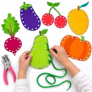 Einfädelspiel mit Obst und Gemüse, Einfädelübung für Kleinkinder, Feinmotorikübung für Vorschulkinder
