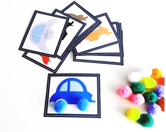 Actividad para colorear coches con pompones, motricidad fina, ficha de trabajo para educación en casa, ficha de combinación de colores para niños pequeños, descarga instantánea en PDF