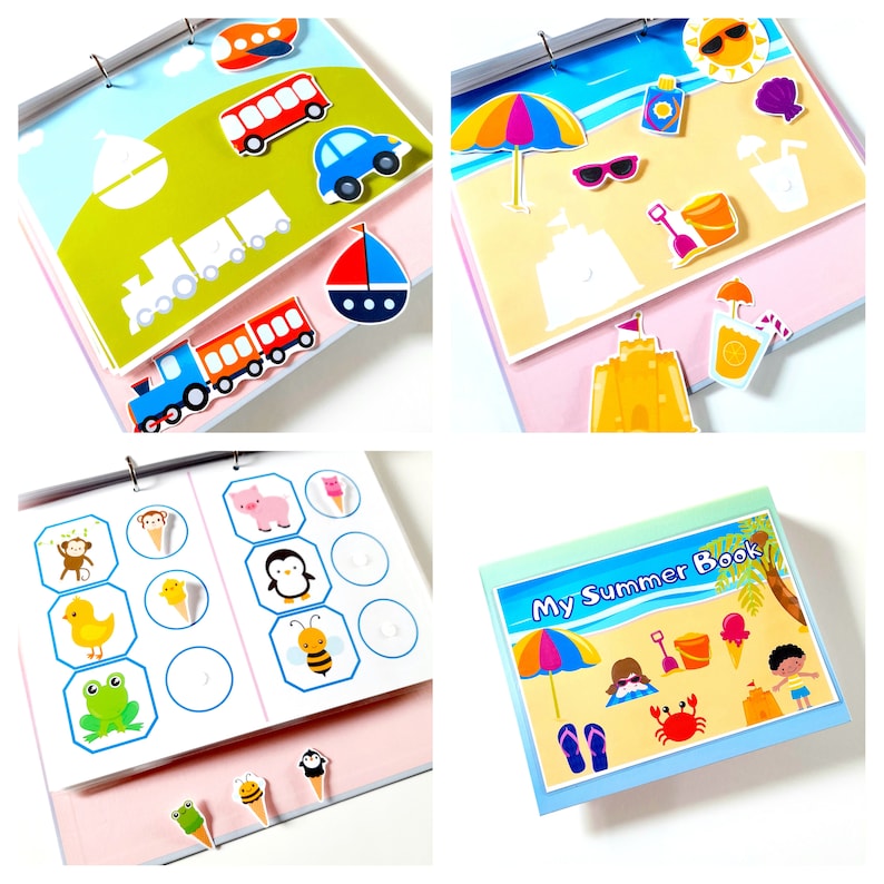 May include: A colorful felt activity book for kids with the title "My Summer Book". The book has pages with different summer themes, including a beach scene, a train, and a farm. Each page has a variety of felt pieces that can be moved around and used to create different scenes.