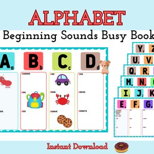 May include: A colorful alphabet chart with pictures and words for each letter. The chart is designed for children learning beginning sounds. The chart includes letters A through D with pictures of an ant, apple, avocado, banana, bag, car, crab, cookie, dog, and dress. The chart also includes a separate set of cards with the remaining letters of the alphabet.