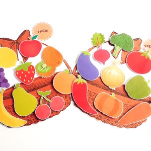 Activité de tri de fruits et de légumes, activité de tri à imprimer pour les tout-petits, feuilles de travail pour les enfants d'âge préscolaire.