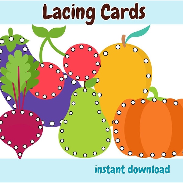 Fruits and Vegetables Lacing  Activity, Toddler Lacing Practice, Preschool Fine Motor Skills Activity