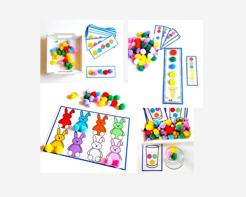 4 Color Activities with Pompoms and Fine Motor Skills Worksheet for Toddlers and Perschoolers image 1