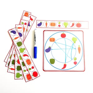 Peut inclure: Un jeu imprimable pour enfants avec une roue colorée représentant différents légumes et un jeu de cartes avec des légumes assortis. Le jeu est conçu pour aider les enfants à apprendre à connaître différents types de légumes.
