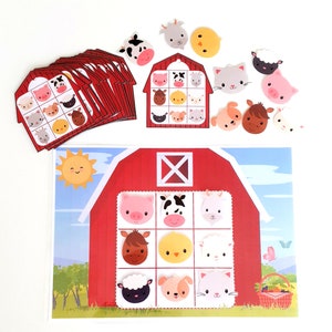 May include: A red barn with a white X on the door, a blue sky, and green grass. There are nine squares on the barn with different farm animal faces inside. There are also several farm animal faces on the white background, including a cow, pig, sheep, chicken, and horse.