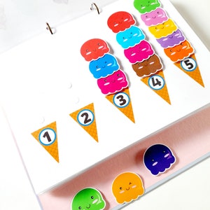 May include: A colorful ice cream cone counting activity with numbers 1 through 5.  The ice cream cones are decorated with smiling faces and are arranged in order of quantity.  There are also three loose ice cream cones in different colors.
