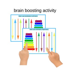May include: Educational activity with the text "brain boosting activity." Two diagrams show colorful arrows and xylophone-like instruments. The text "Hand-eye coordination" is above each diagram. The image shows two hands pointing at the diagrams.