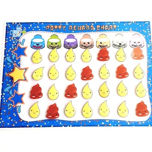 May include: A colorful potty training reward chart with a blue border and confetti background. The chart features 24 stickers with various designs, including poop emojis, water drops, and buckets. The text "POTTY REWARD CHART" is printed at the top of the chart.