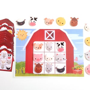 May include: A red barn with a white X on the door, a yellow sun with a smiling face, and a 3x3 grid of farm animal faces. The grid has a cow, pig, horse, goat, and sheep faces. There are also individual farm animal faces on the side of the grid.