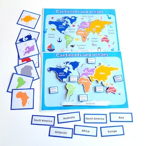 K&ouml;nnte beinhalten: Eine bunte Weltkarte mit beschrifteten Kontinenten und Ozeanen. Die Karte ist in Puzzleteile unterteilt, wobei jeder Kontinent und jedes Meer ein eigenes Teil ist. Es gibt auch einzelne Karten mit den Namen der einzelnen Kontinente und Ozeane.