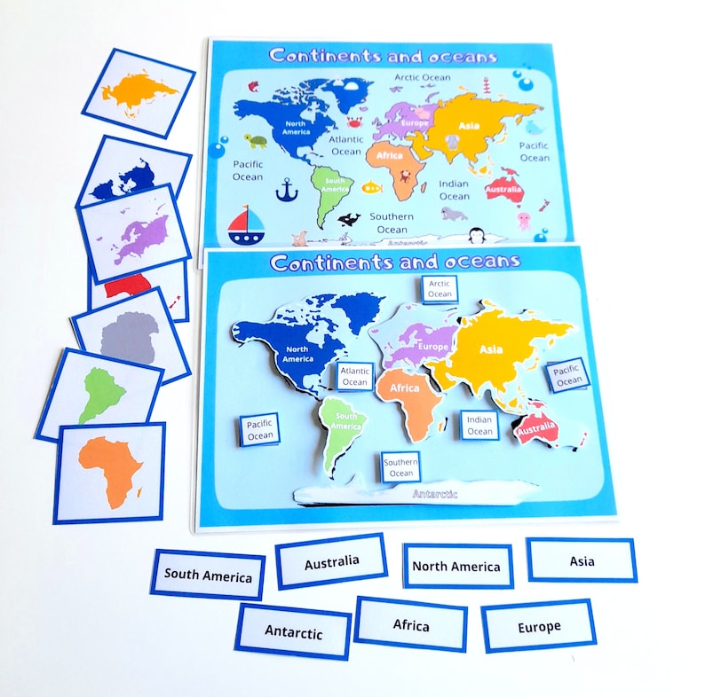 K&ouml;nnte beinhalten: Eine bunte Weltkarte mit beschrifteten Kontinenten und Ozeanen. Die Karte ist in Puzzleteile unterteilt, wobei jeder Kontinent und jedes Meer ein eigenes Teil ist. Es gibt auch einzelne Karten mit den Namen der einzelnen Kontinente und Ozeane.