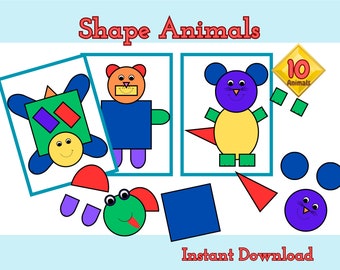May include: A printable worksheet with 10 shape animals. The animals are a turtle, a bear, a mouse, a frog, and more. The worksheet is titled "Shape Animals" and includes the text "Instant Download" and "10 Animals".