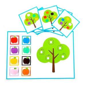 Apfelmusteraktivität, Kindergartenmusteraktivitäten, Farbabstimmungsspiel, Vorschularbeitsblätter, beschäftigtes Buch, Farbabstimmungsarbeitsblatt,