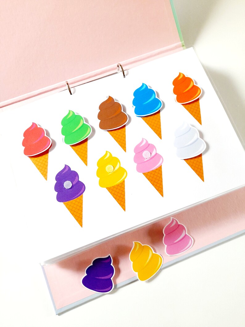 May include: A set of colorful ice cream cone stickers with different colored ice cream scoops. The stickers are arranged in rows on a white background.