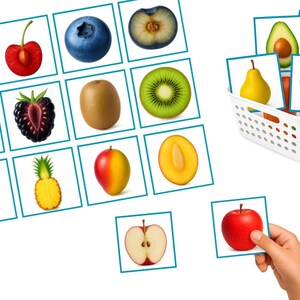 Juego Montessori de emparejar frutas – 56 tarjetas de emparejamiento visual – Frutas enteras y medias para niños pequeños – Actividad imprimible en PDF