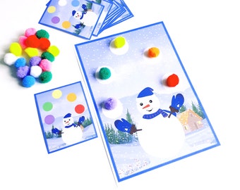 Actividad de color con pompones y hoja de trabajo de habilidades motoras finas para niños pequeños y preescolares