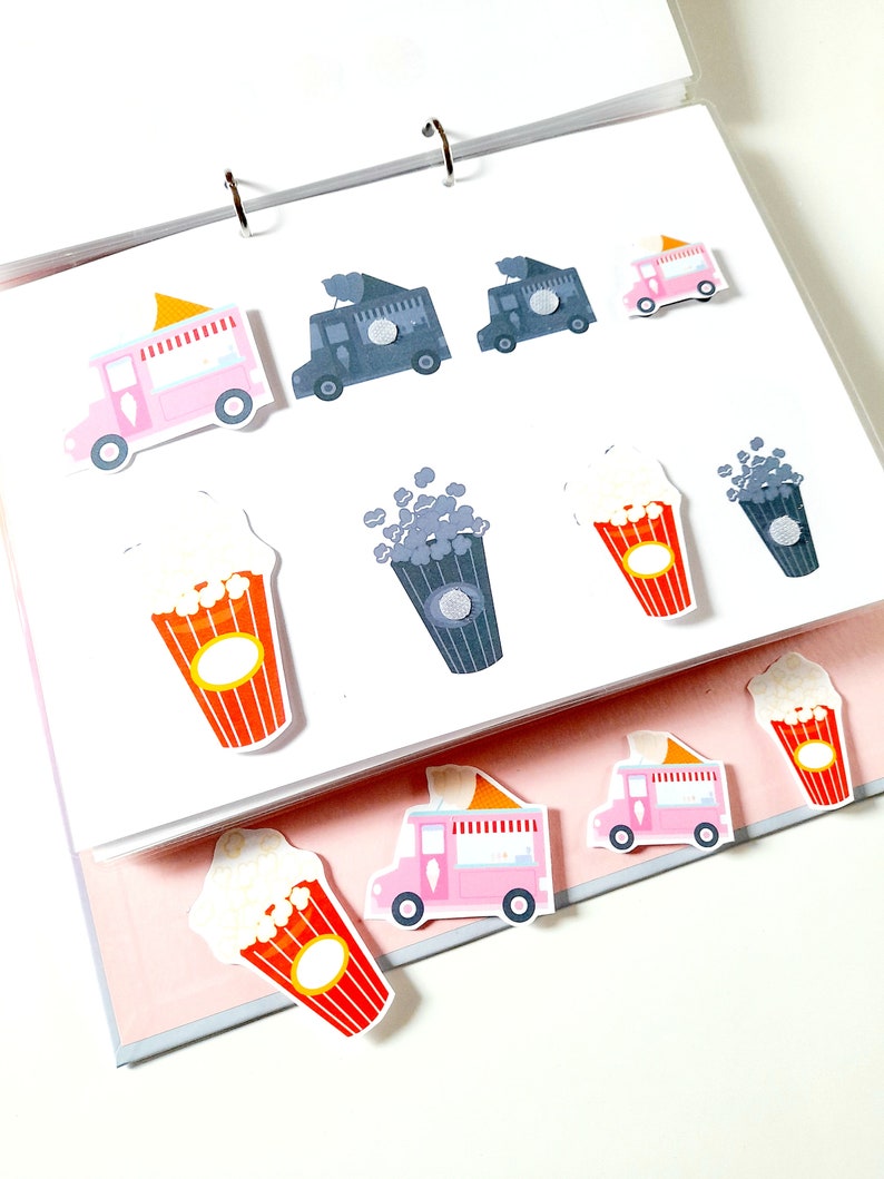 May include: A set of colorful stickers featuring a popcorn truck, popcorn cups, and popcorn. The stickers are on a white background.