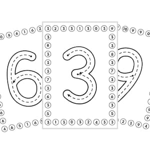 Può includere: Foglio di lavoro in bianco e nero con linee tratteggiate per aiutare a tracciare i numeri 6, 3 e 9. I numeri sono circondati da un cerchio di numeri.