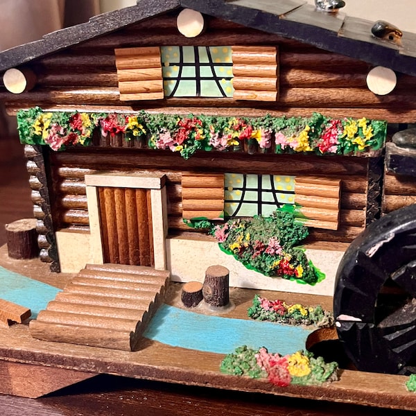 1960’s chalet log cabin musical wheel jewelry box, Japan