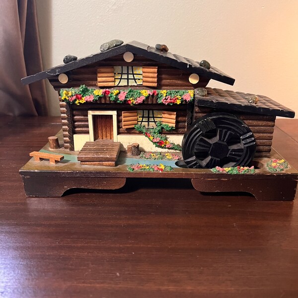 1960’s chalet log cabin musical wheel jewelry box, Japan