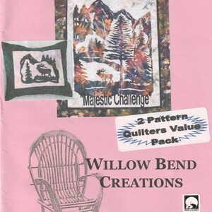 May include: A pink flyer with quilting patterns. The flyer includes a pillow and a quilt with mountain and tree designs. Text on the flyer reads "CONTINUUM QUILTING PATTERNS", "Majestic Challenge", "WILLOW BEND CREATIONS", and "2 Pattern Quilters Value Pack".