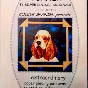Könnte beinhalten: Buchcover mit dem Text "CANINE CORNER" und "COCKER SPANIEL portrait". Das Bild zeigt ein Cocker Spaniel-Porträt in einem geometrischen Stil. Der Text lautet auch "extraordinary paper piecing patterns printed on vellum paper because it is the BEST."