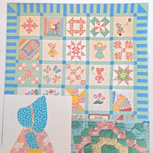 Op de afbeelding: Een kleurrijke quilt met diverse patchwork vierkanten, met bloemen-, geometrische en karakterontwerpen. De quilt heeft een blauw-groene rand en de tekst "Memories of Granny Jo".