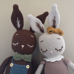 May include: Two crocheted bunny plushies, one brown with a green bow tie and blue dungarees, the other light grey with a yellow bow and a white lace collar.