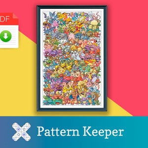 Peut inclure: Un motif de point de croix coloré représentant un grand groupe de personnages Pokémon, dont Pikachu, Salamèche, Bulbizarre, Carapuce et bien d'autres. Le motif est dans un cadre noir et est prêt à être téléchargé au format PDF.