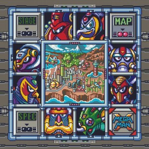 May include: A pixelated video game screen showing a map of a city with various robot characters. The screen is divided into nine sections, with the top row showing the words "STAGE", "MAP", and the bottom row showing "SPEC" and "MEGA MAN".