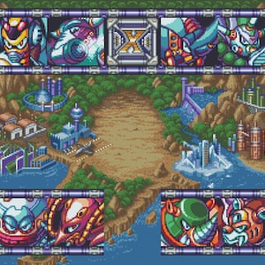 May include: A pixelated map of a video game world with a blue and green color scheme. The map shows different locations with buildings and characters. The characters are robots with different colors and designs. The map is surrounded by a border with the text "X" in the center.